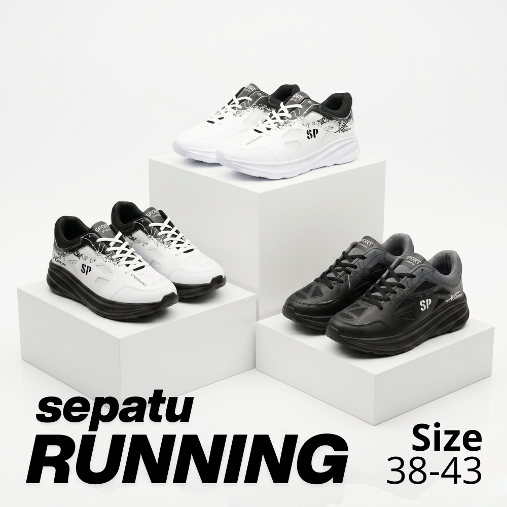 Sepatu Olahraga Pria Running Sport Shoes JT24 Ergonomic Casual Lari Jogging Sneakers Cowok Hitam Put