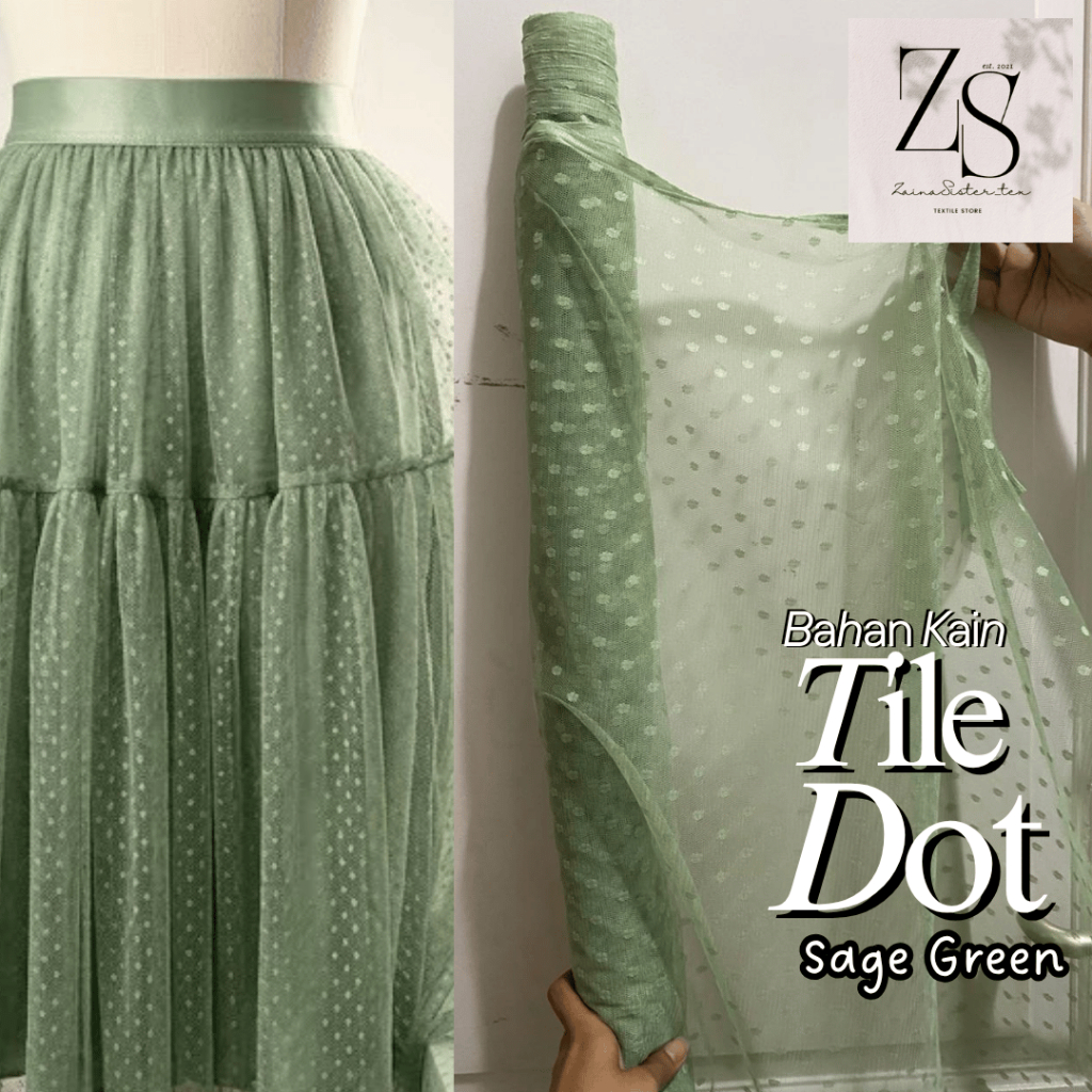 Bahan Kain Soft Tile Tille Tule Tulle Dot Dotty Warna Hijau Sage Green