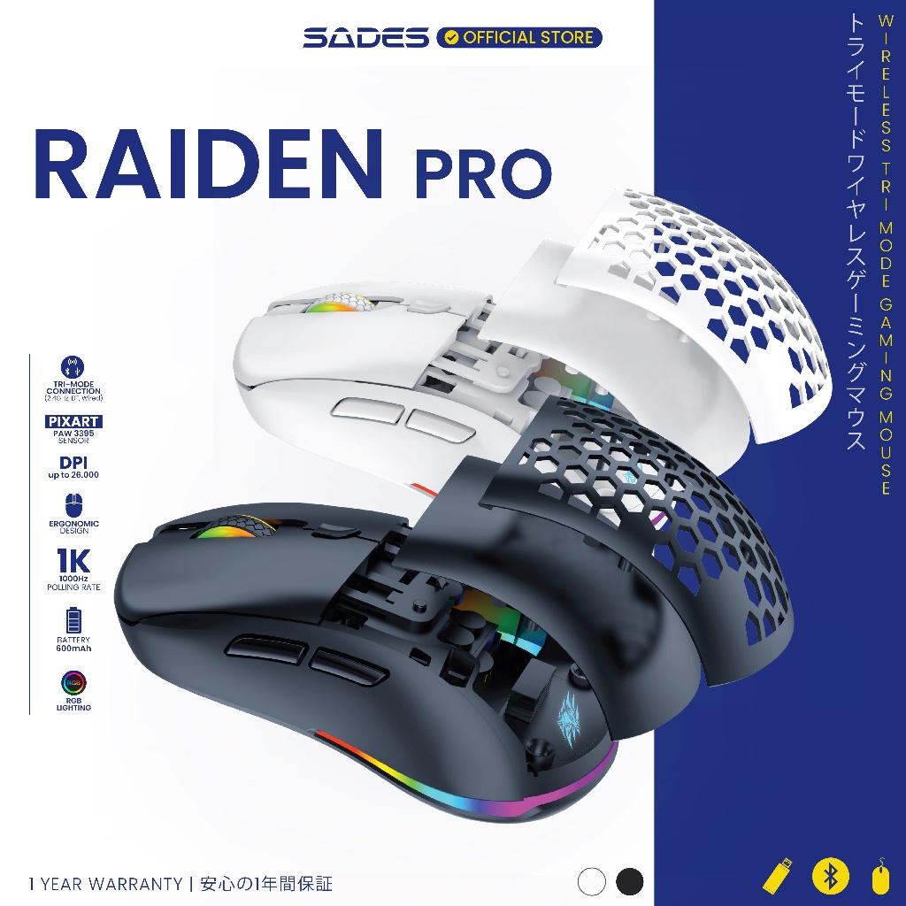 Mouse Gaming Wireless Modular Triple Mode Sades Raiden Pro S33