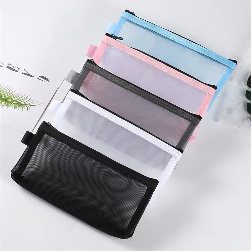 Kotak pensil tempat alat tulis pouch jaring mesh transparan bening aesthetic korea kapasitas besar organizer tas kosmetik makeup serbaguna resleting zipper simple minimalis lucu anak sekolah kuliah kantor ringan nylon premium Besar wanita pria 20x12cm
