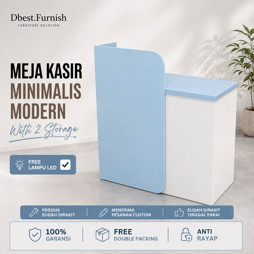 Meja kasir minimalis terbaru baby blue resepsionis biru muda