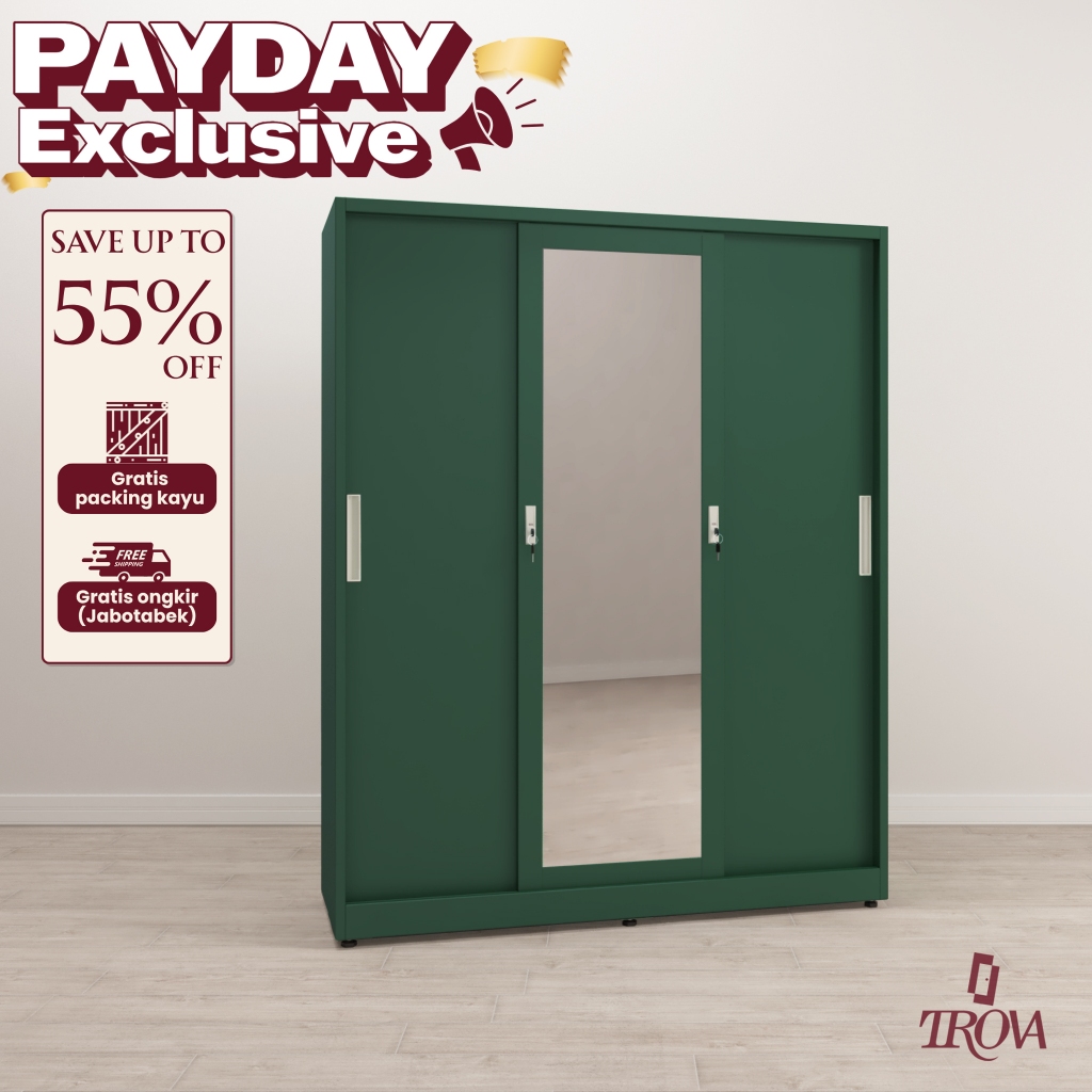 Trova Official Lemari Pakaian Besi Sliding 3 Pintu 2 hanger 150cm - Lemari besi Minimalis Modern