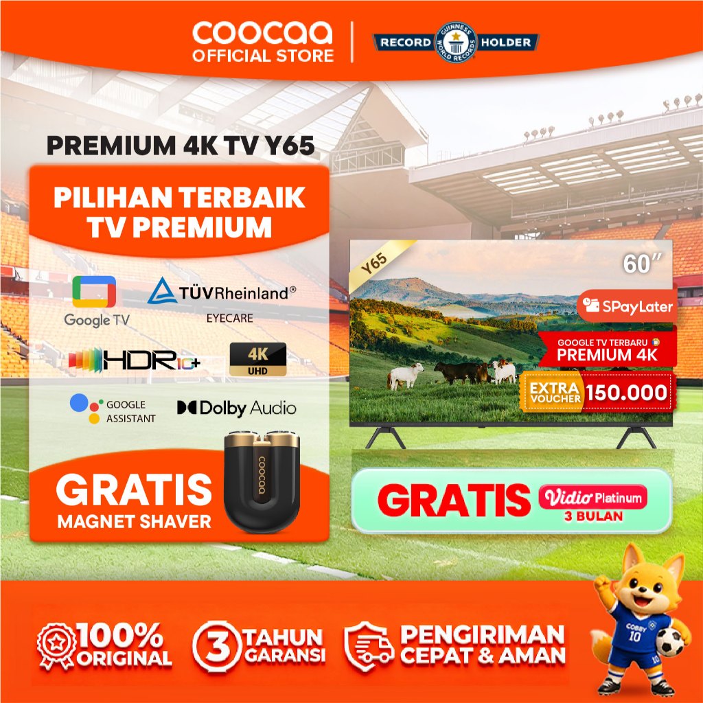 NEW COOCAA TV 60 inch Y65 - 4K GOOGLE TV  - Dolby Audio - Eye Care - HDR10 - Find Remote - (COOCAA 6