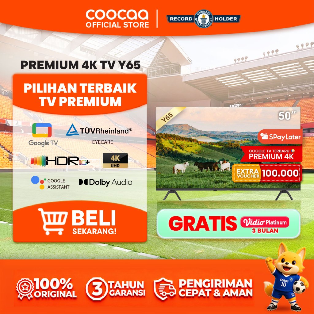 NEW COOCAA TV 50 inch Y65 - 4K GOOGLE TV  - Dolby Audio - Eye Care - HDR10 - Find Remote - (COOCAA 5