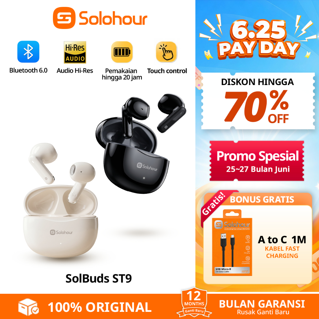 Solohour Official Store ST9 TWS / Wireless Earphone Airbuds New ST9 Original BT 6.0 True Wireless He