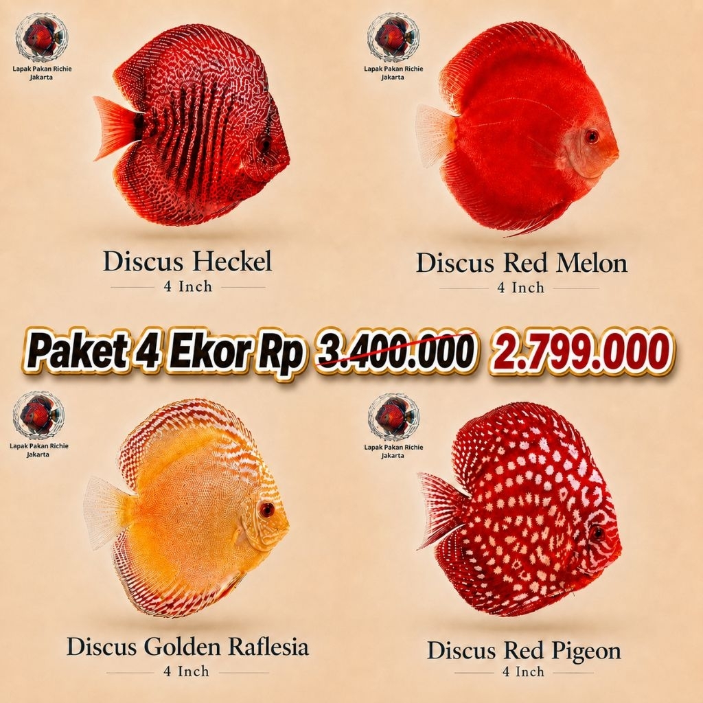 Paket 4 Ekor Ikan Discus 4 Inch – Heckel, Red Melon, Golden Raflesia, Red Pigeon