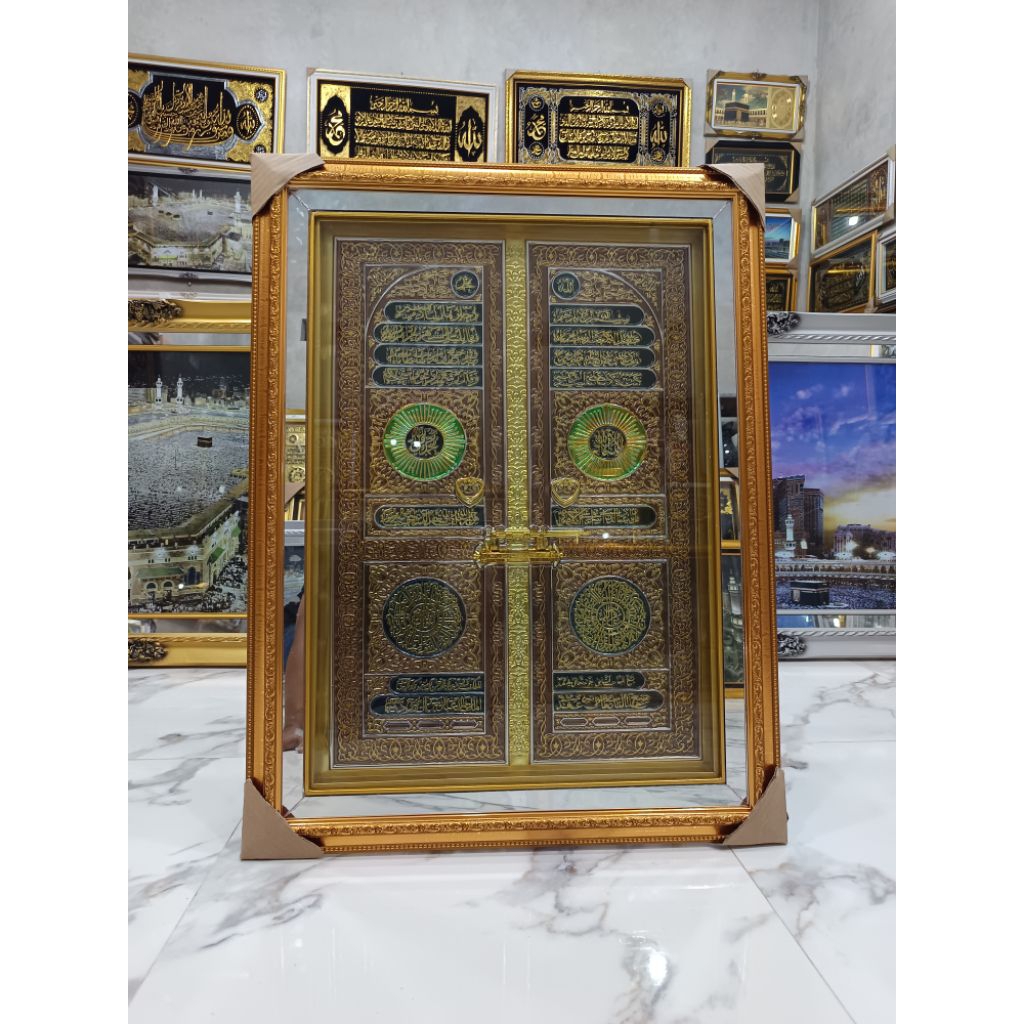 Hiasan dinding kerajinan tangan lukisan kaligrafi timbul ukuran 85x65 besar frame fiber miror