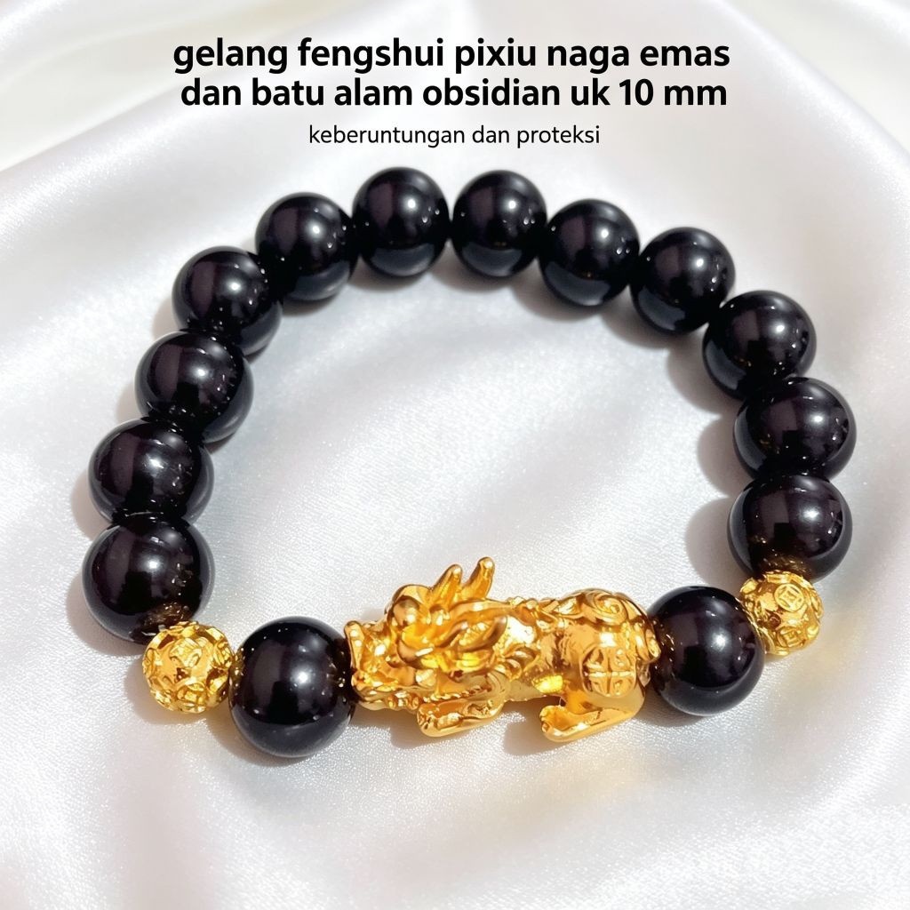 Gelang Fengshui Pixiu naga emas batu obsidian hitam elegan