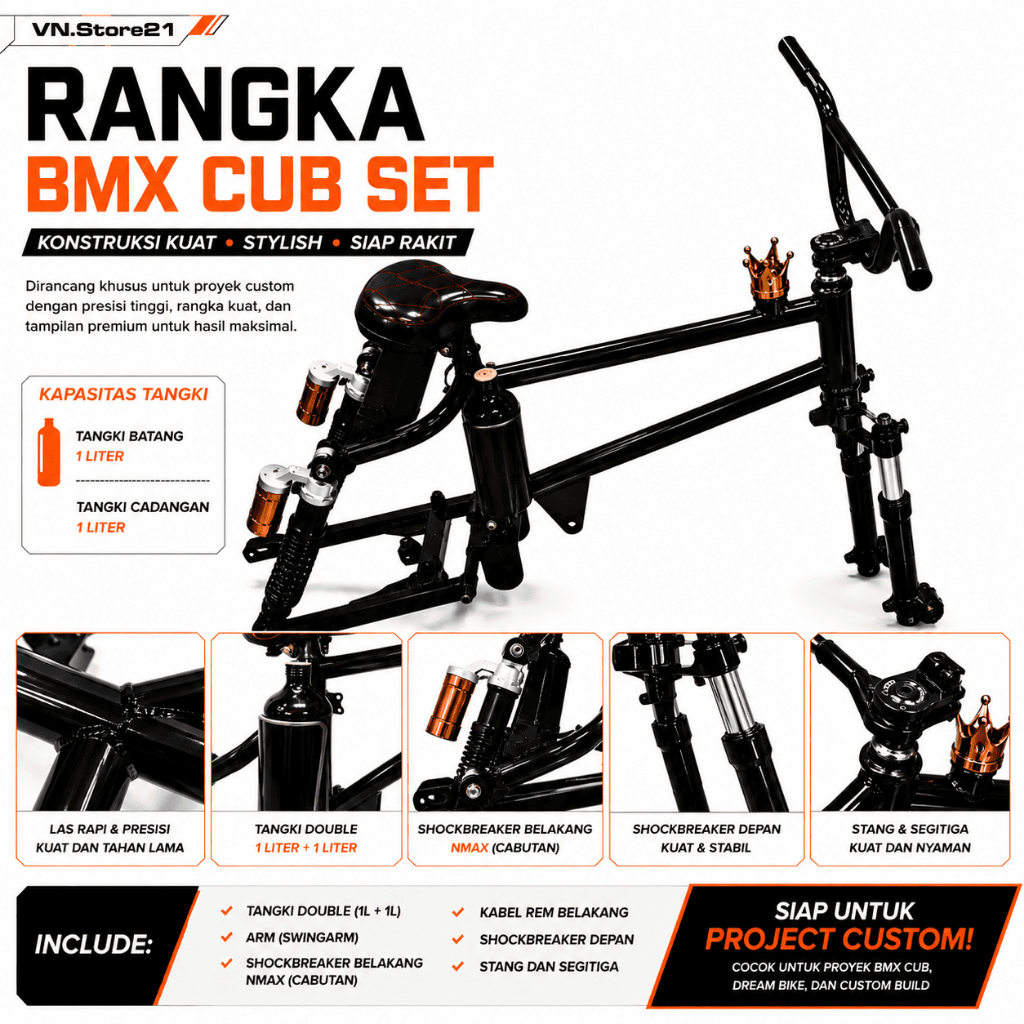 Rangka BMX Cub Set Lengkap Tangki Double 1L+1L Shock NMAX Arm Swingarm Stang Segitiga Siap Custom