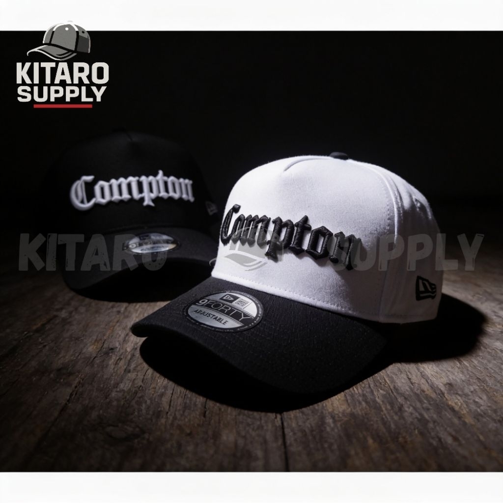 Topi New Era 9FORTY Compton Hat Snapback Baseball Cap Pria Wanita Hitam Putih Bordir Gothic Premium