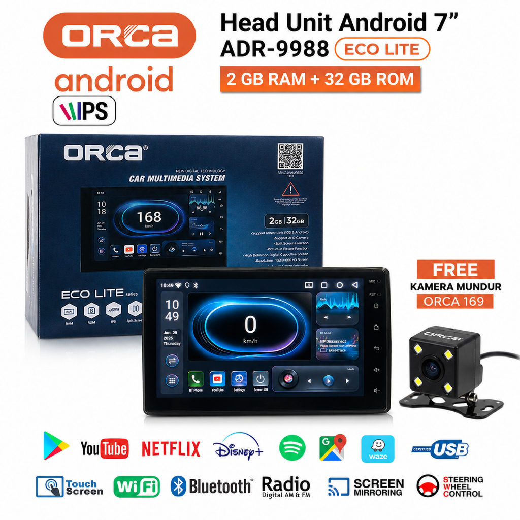 Head Unit Android ORCA ADR-9988 Eco Lite 7 Inch IPS 2GB 32GB CarPlay Android Auto Universal