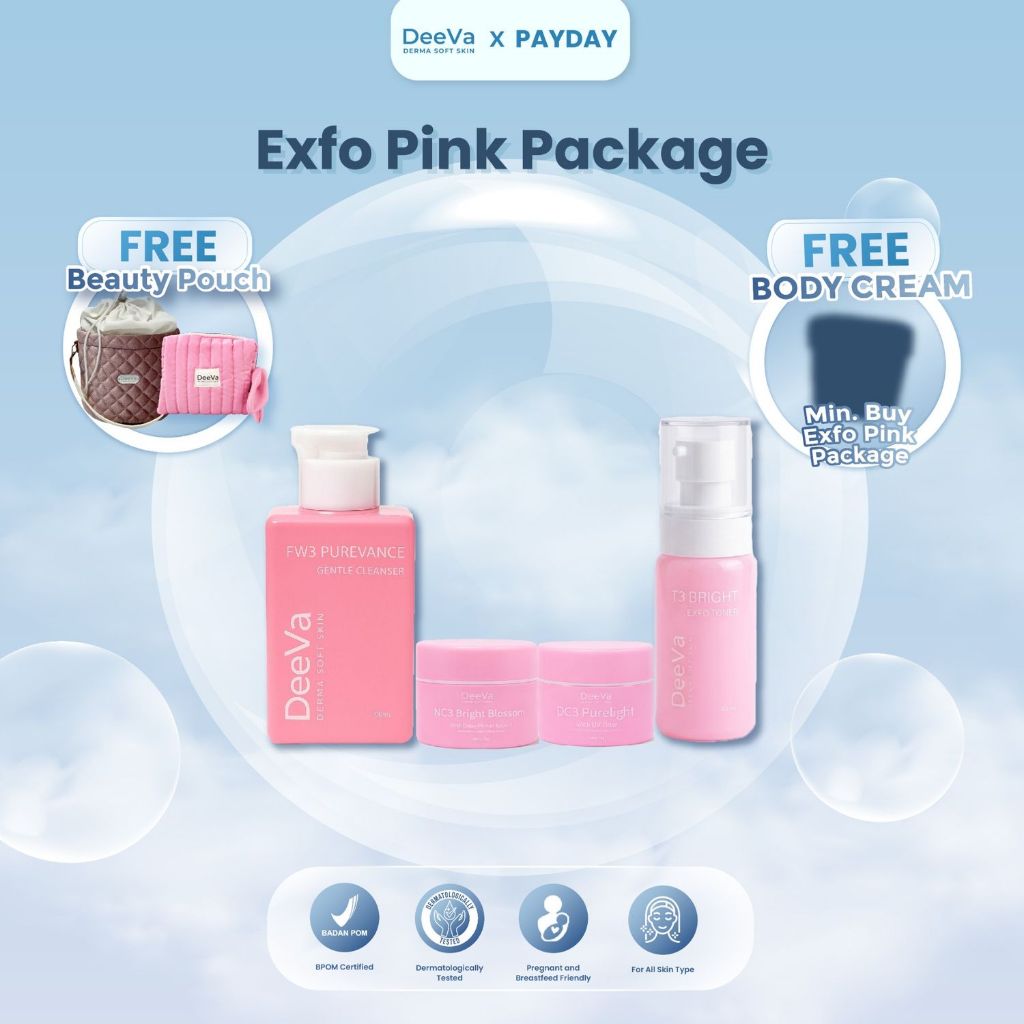 DeeVa Derma Soft Skin - Exfo Pink Package (Paket Glowing isi Day Cream DC3, Gentle Cleanser FW3, Ton
