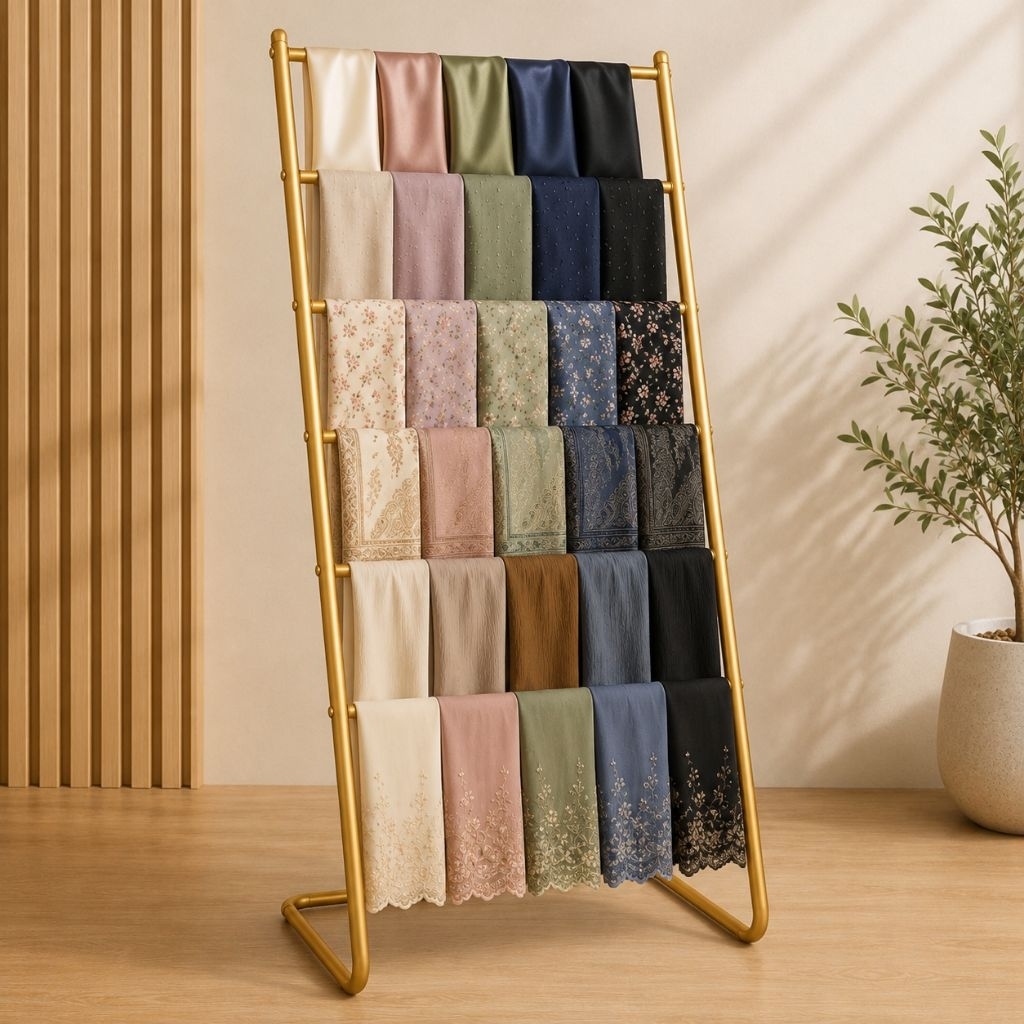 Rak Hijab Multifungsi Besi Gold Premium | Rak Display Kerudung Minimalis untuk Butik, Toko & Kamar