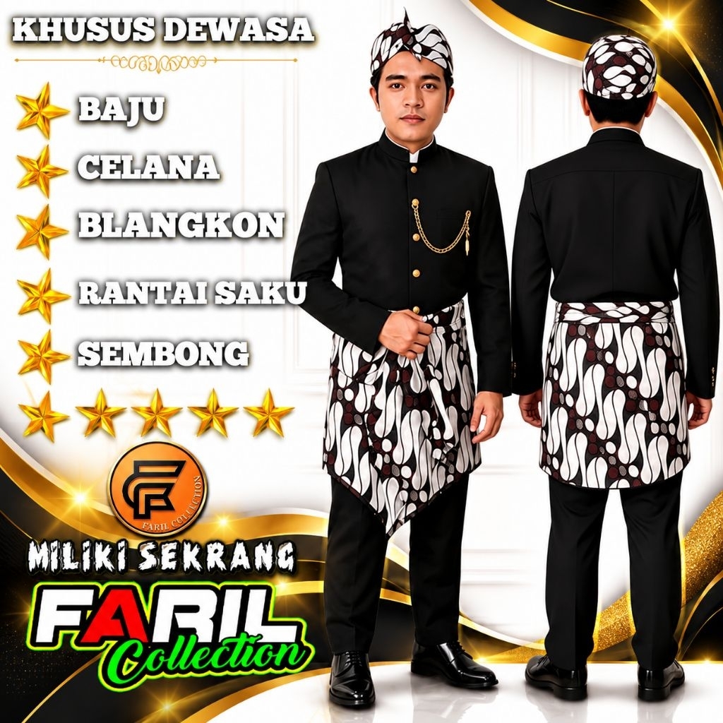BASOFI KOMPLIT BLANGKON Baju Basofi Komplit dengan Blangkon Rantai dan Sembong untuk Karnaval BLANGK