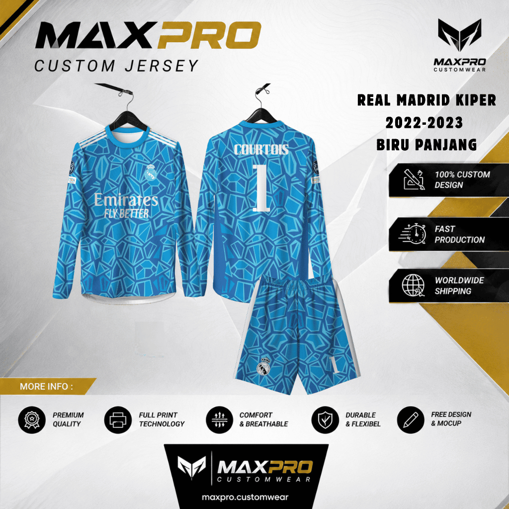 JERSEY REAL MARDID KIPER 22-23 BIRU PANJANG FREE CUSTOM UNTUK ANAK DAN DEWASA