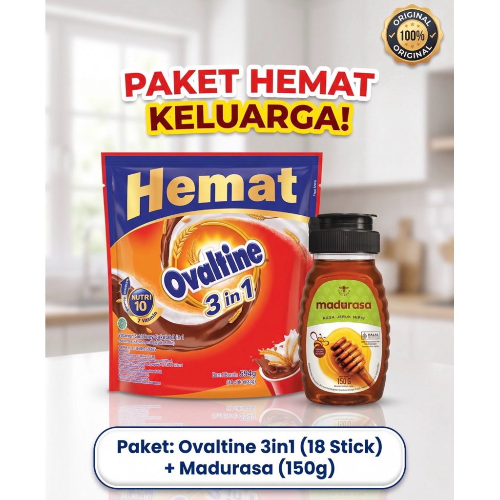 Paket Imun & Energi OVALTINE 3in1 Susu Cokelat 18 Stick @33 gram & MADURASA Jeruk Nipis Botol 150g S