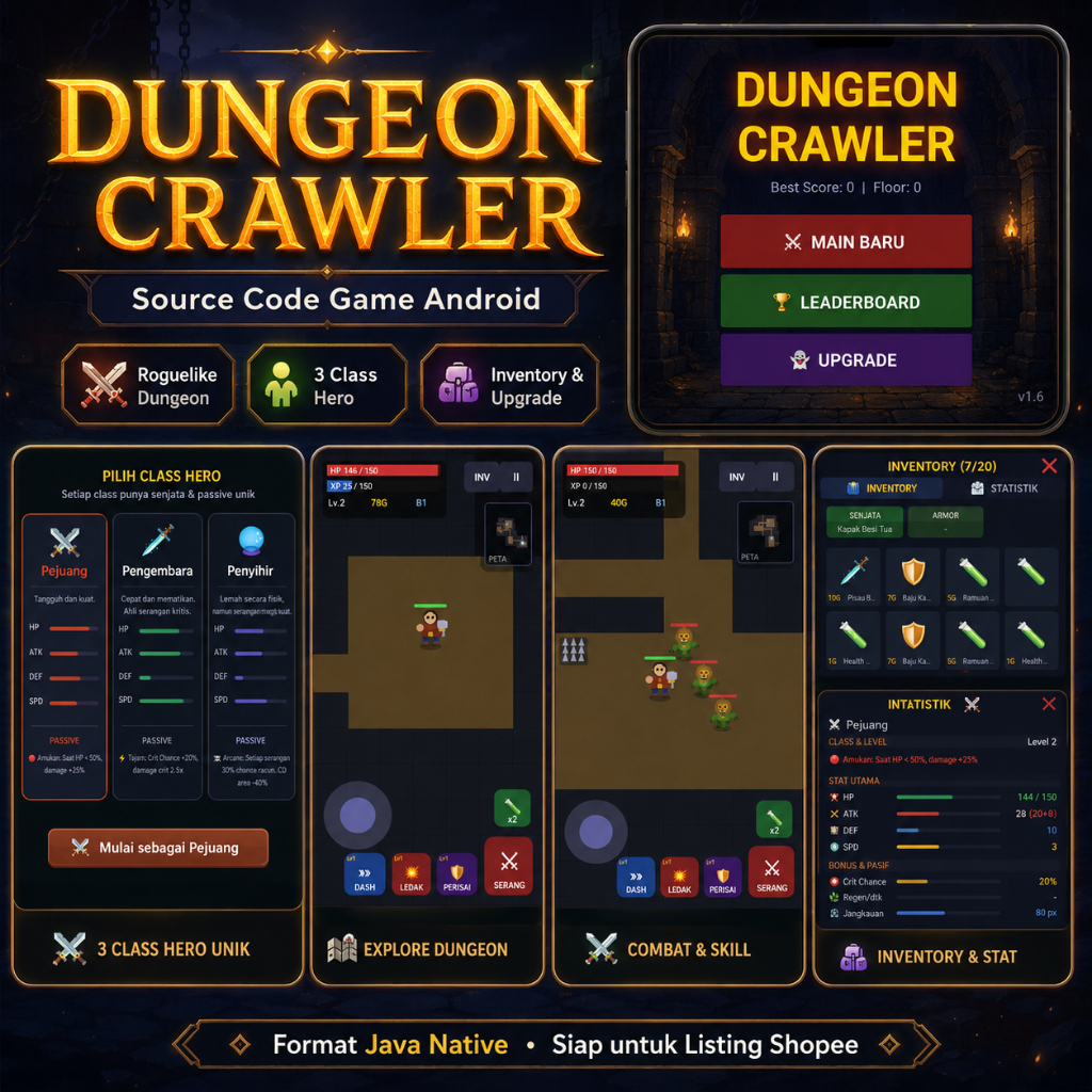 Source Code Game Android Dungeon Crawler Java Native Android Studio + AdMob + Roguelike RPG