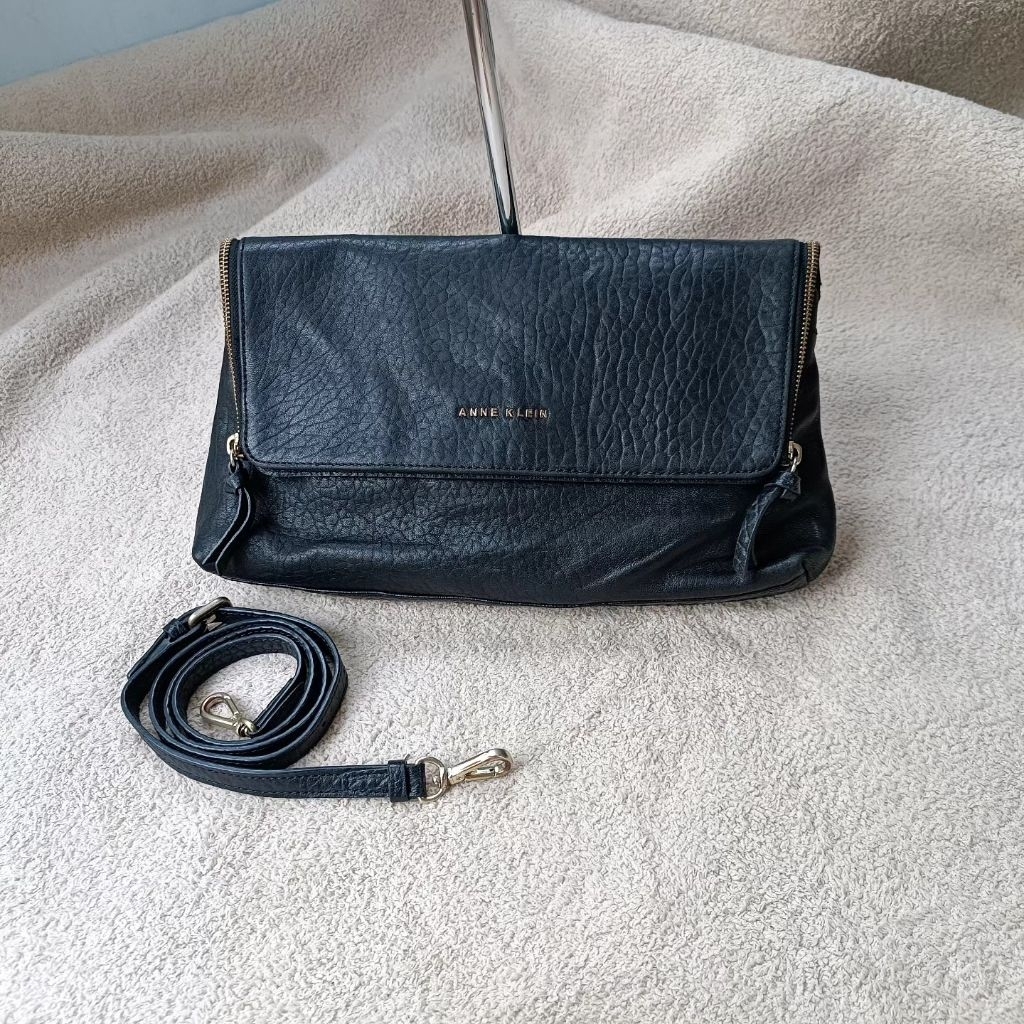 ​PRELOVED Tas Anne Klein Black Leather Foldover Clutch Sling Bag Original
