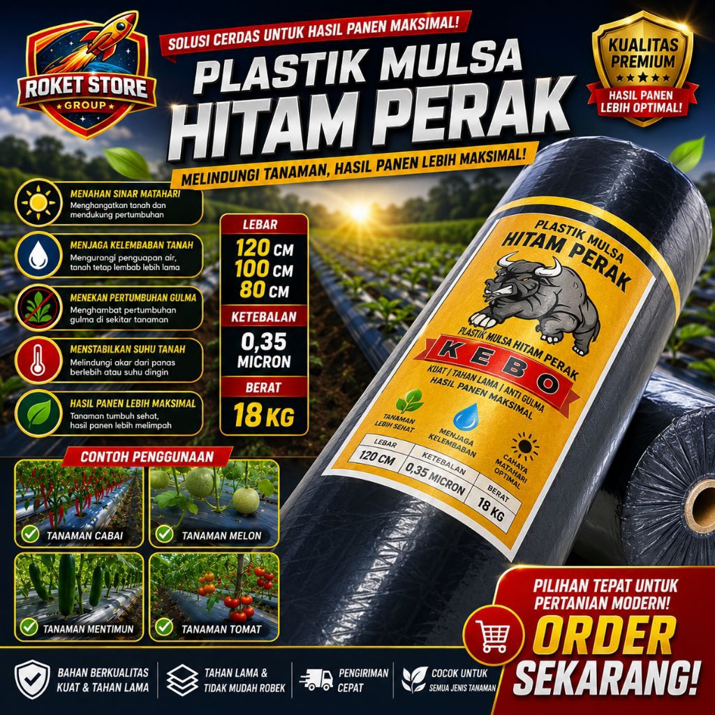 PLASTIK MULSA PERTANIAN HITAM PERAK 1ROL 18 KG LEBAR 120CM 100CM DAN 80CM KETEBALAN 0,35 MICRON
