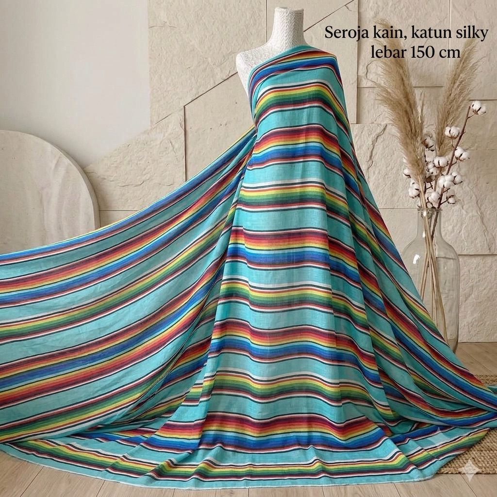 Kain Katun Silky Premium Motif Garis Pelangi Lebar 150cm / Bahan Katun Silk Salur Meteran Kualitas M