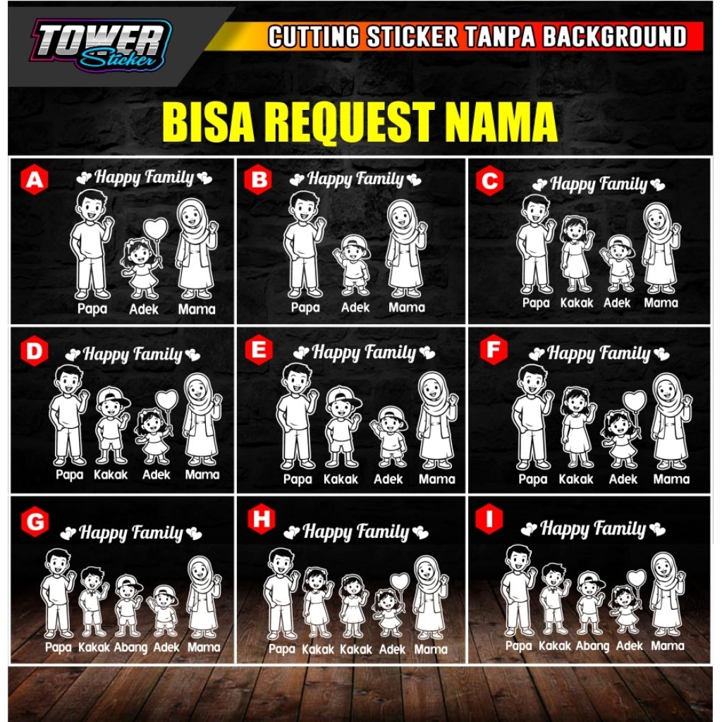 Sticker cutting happy family stiker muslim family kaca mobil visor request nama