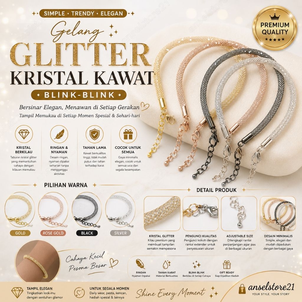 Gelang Tangan Glitter Kristal Kawat Free Karet Stopper Size 3mm Diy Untuk Charm Emas