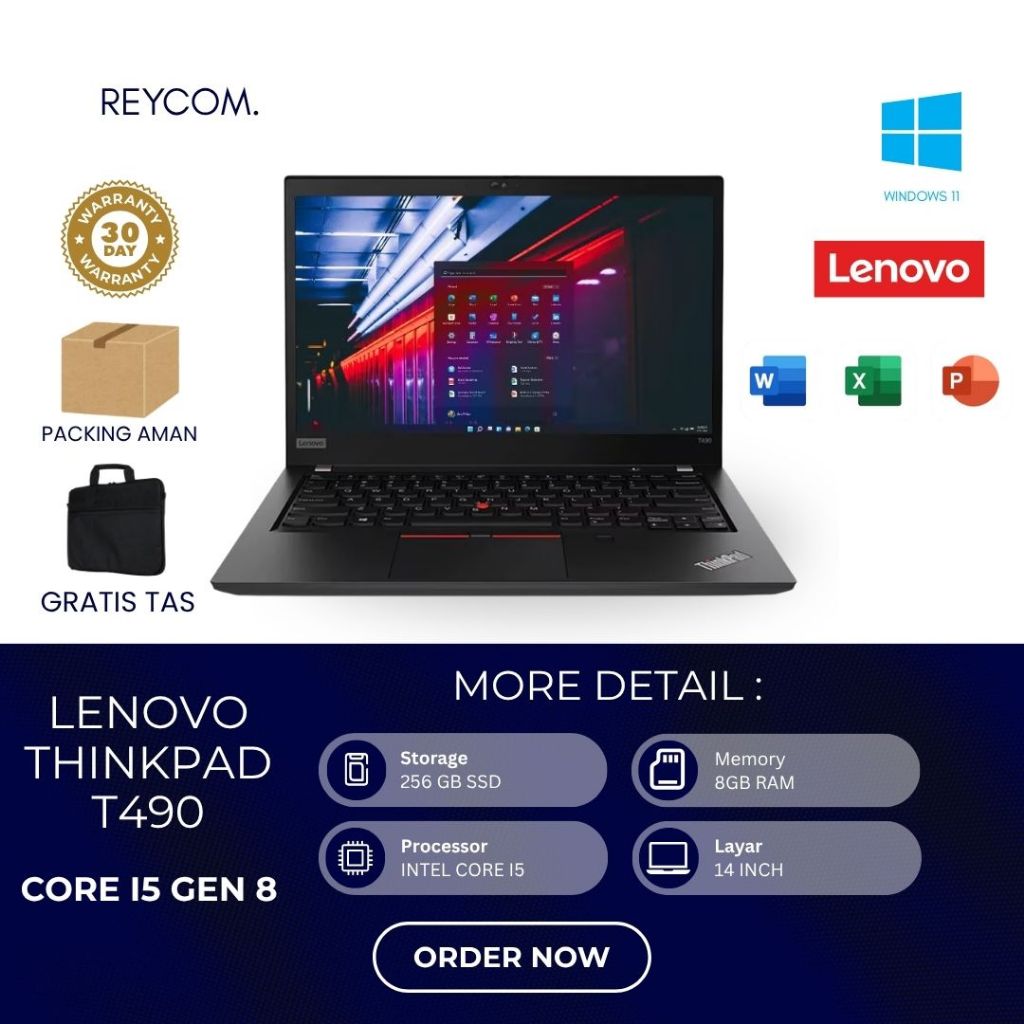 LENOVO ThinkPad T490 Laptop Bekas i5 Gen 8 16GB SSD 256GB 14 Inch Full HD