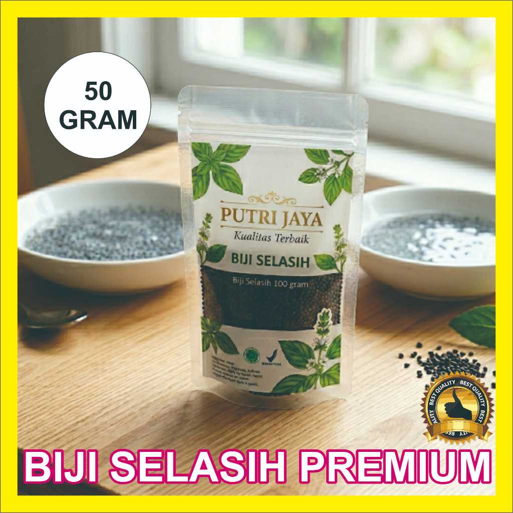 biji selasih kering kemasan sachet berat 50gr kualitas nomor 1