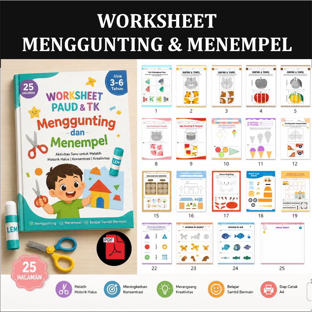 25 Halaman Worksheet  Menggunting & Menempel PAUD & TK PDF