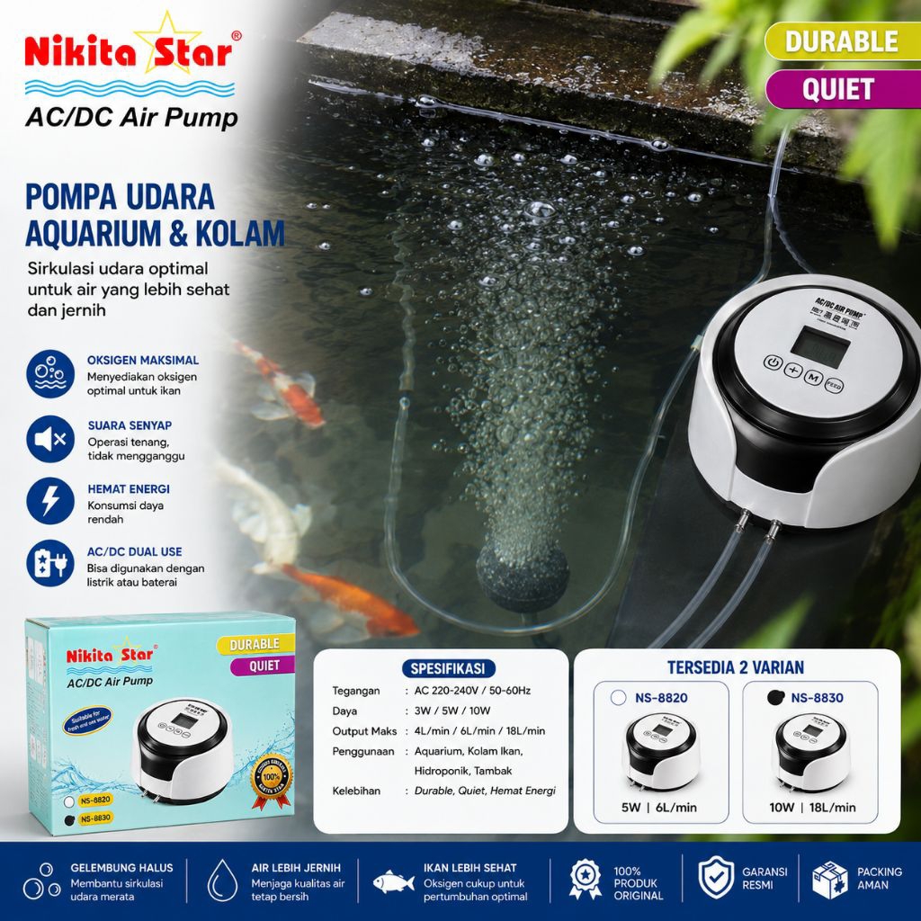 NIKITA STAR AC/DC Air Pump NS-8830 Pompa Udara Aquarium & Kolam Rechargeable Super Senyap Hemat Listrik
