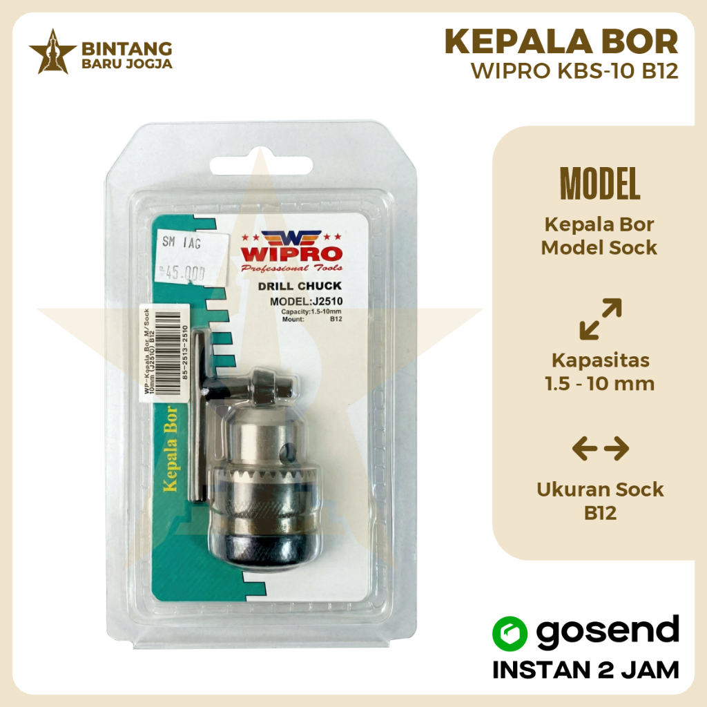 WIPRO Kepala Bor 10mm B12 KBS-10 Chuck Bor Model Socket Drill Chuck 1.5-10mm