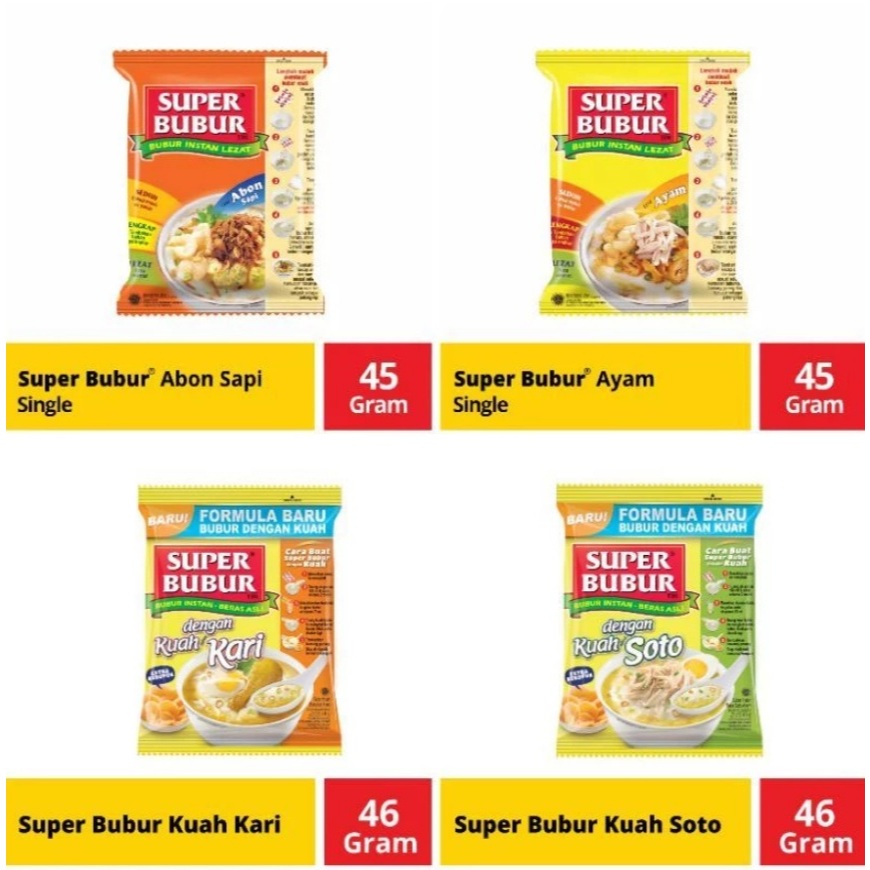 Super Bubur Instan Rasa Ayam / Abon Sapi / Kuah Kari / Kuah Soto 46 gram
