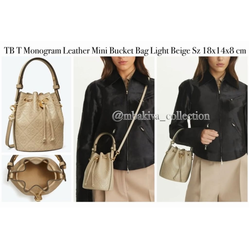 TB T Monogram Leather Mini Bucket Bag Light Beige