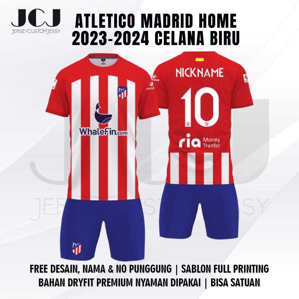 JERSEY ATLETICO MADRID HOME 23-24 CELANA BIRU FREE CUSTOM UNTUK ANAK DAN DEWASA
