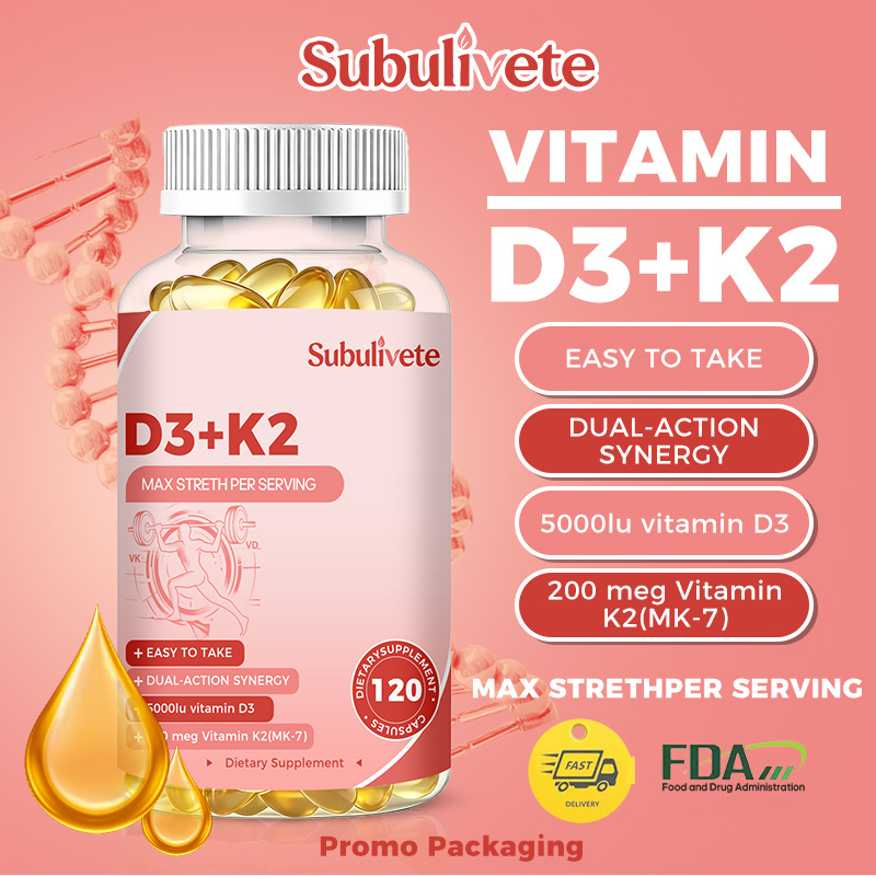 Subulivete Vitamin D3 K2 MK7 Max Strength 5000IU D3 200mcg K2 120 Softgel Lepas Cepat Untuk Remaja P