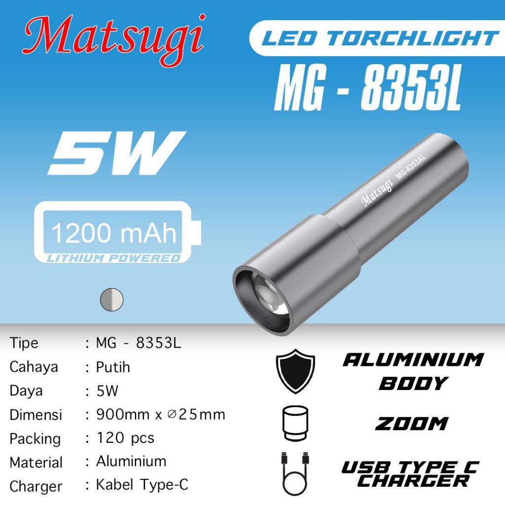 Senter tangan Zoom LED MATSUGI MG-8353AL 5W Body Aluminium putih super terang