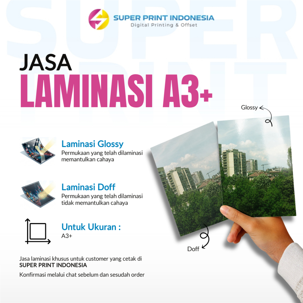 Jasa Laminasi A3+ Doff / Glossy - Tambahan Finishing Cetak Stiker Art Paper