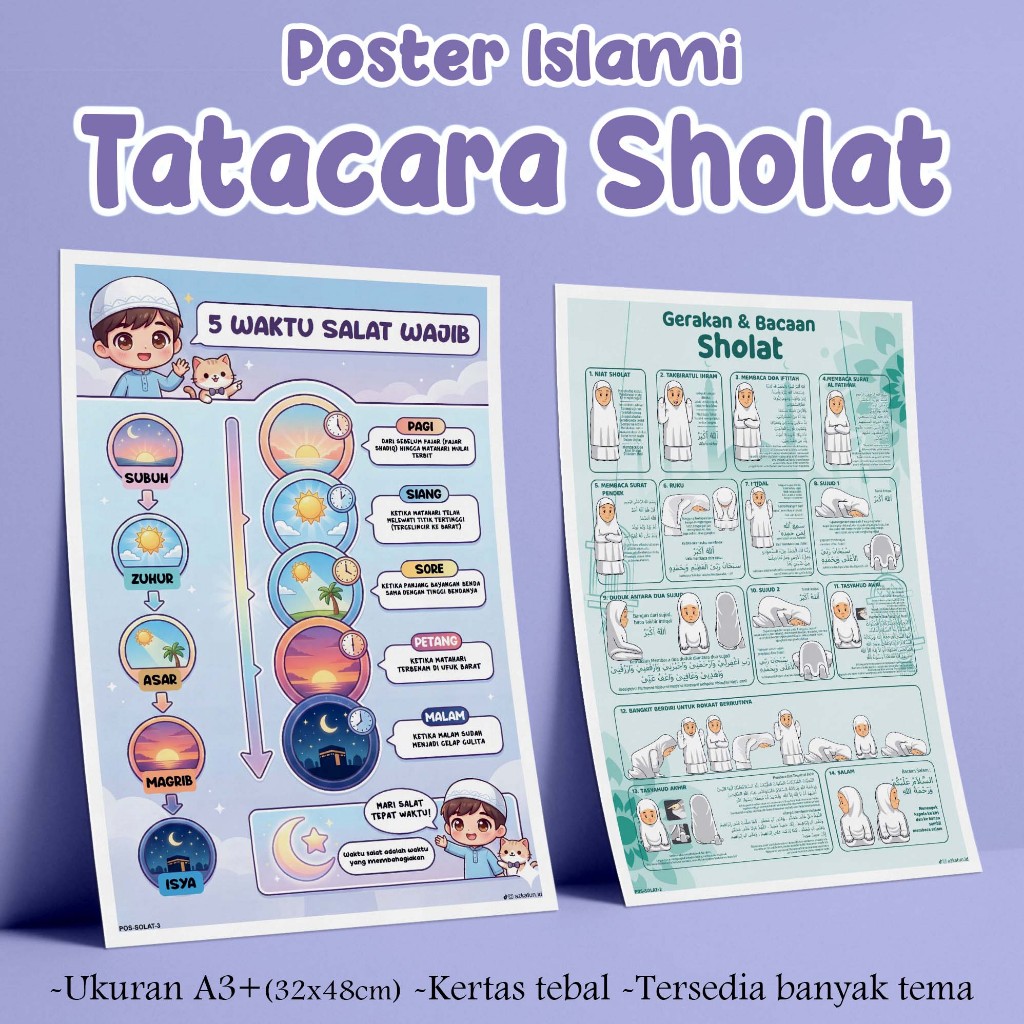 Poster Edukasi Islami Gerakan Sholat - Poster belajar Gerakan dan Bacaan Shalat solat