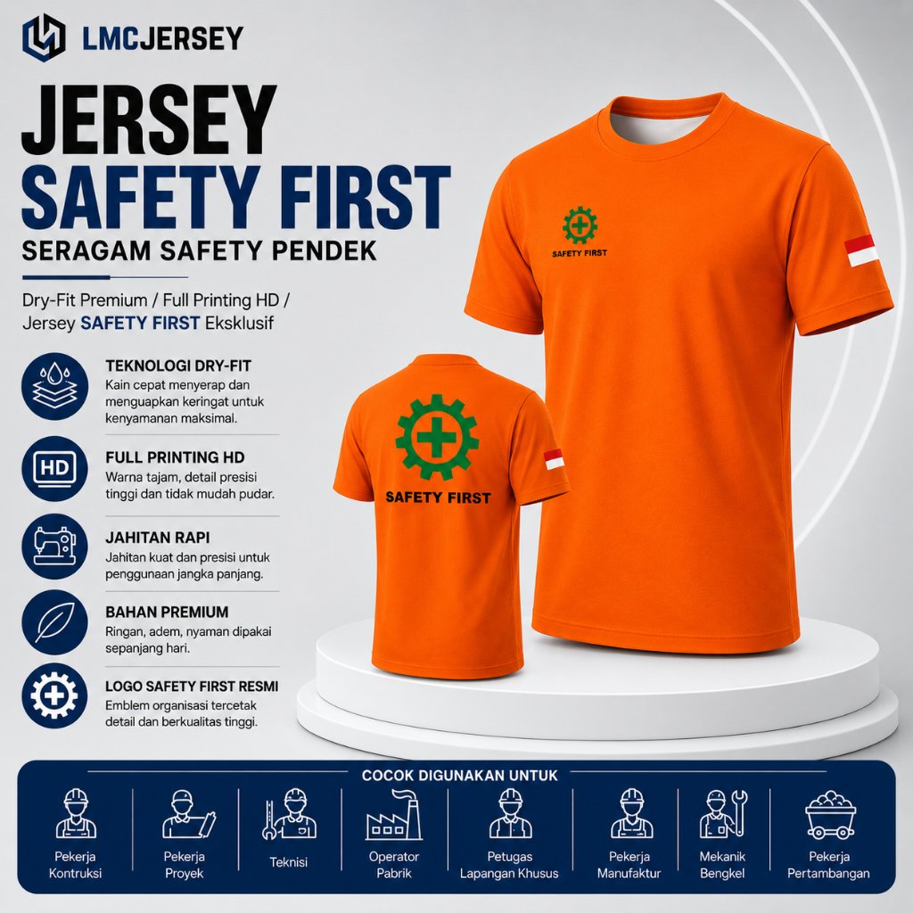 Kaos Jersey SAFETY FIRST Lengan Pendek Orange | Baju SAFETY FIRST INDONESIA