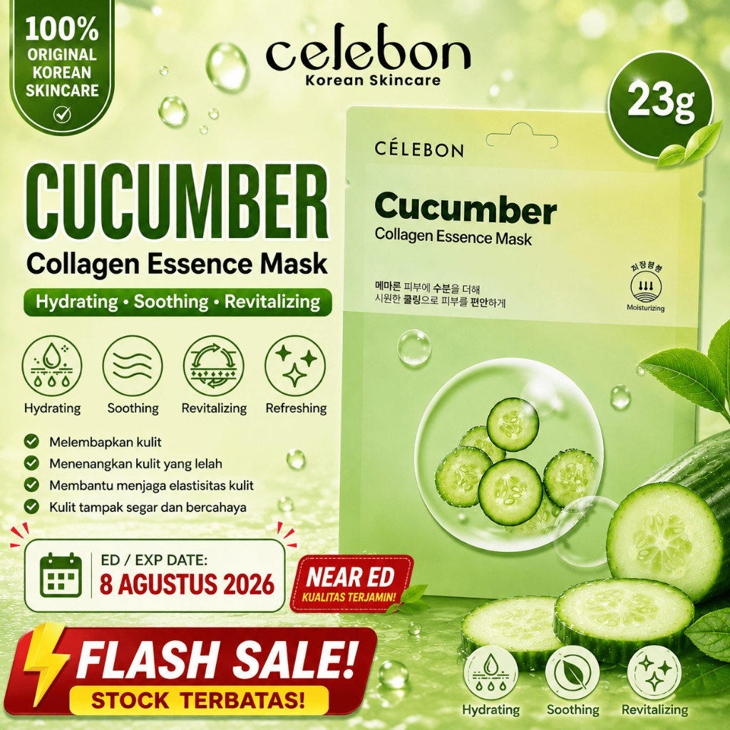 (NEAR ED) | CELEBON - Cucumber Collagen Essence Mask | Masker Wajah Untuk Kulit Kering dan Kemerahan