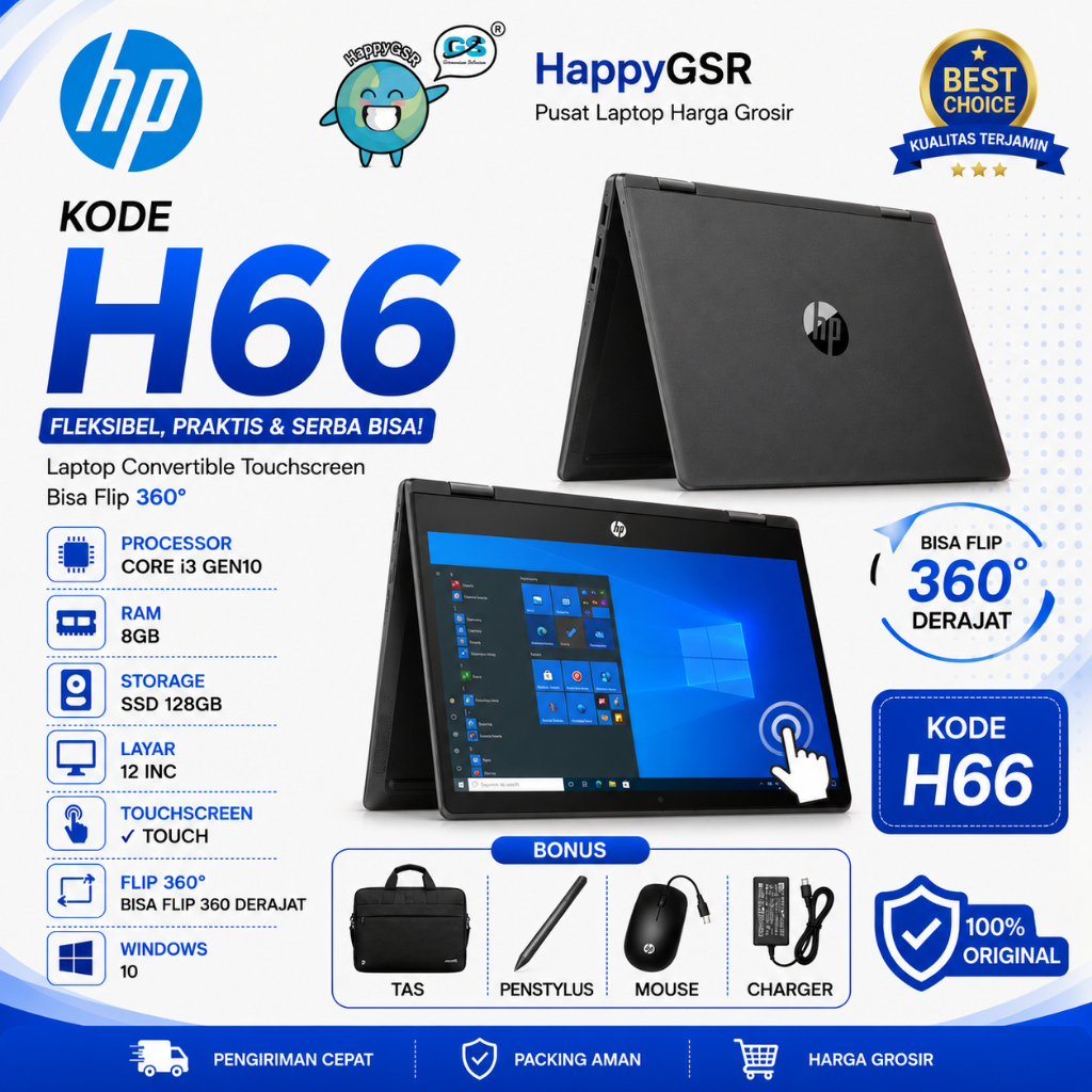 H66 | Laptop 2in1 Hp i3 GEN10 RAM 8GB SSD 12inch/ Touchscreen dan Flip 360 derajat/ Laptop HappyGSR 