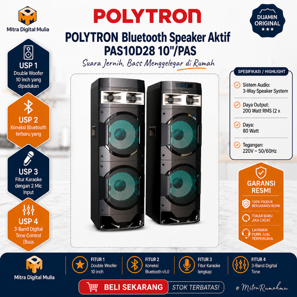 Polytron PAS10DF28 Speaker Aktif Karaoke 10 Inch Double Woofer Super Bass 3-Band Digital Tone Contro