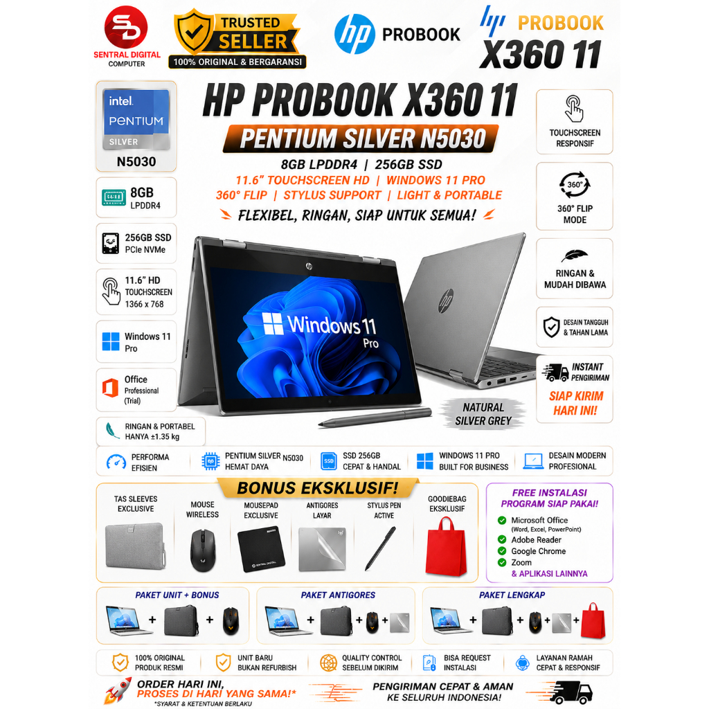 Laptop HP ProBook x360 11 N5030 8GB 256GB SSD Layar Sentuh Cocok Untuk Sekolah Kuliah Kerja