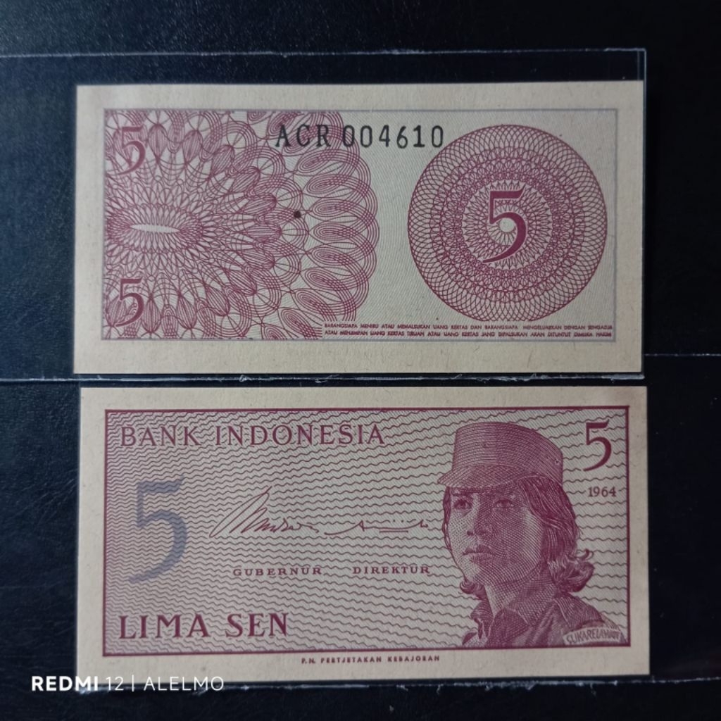 uang kertas 5 sen sukarelawan tahun 1964 baru asli