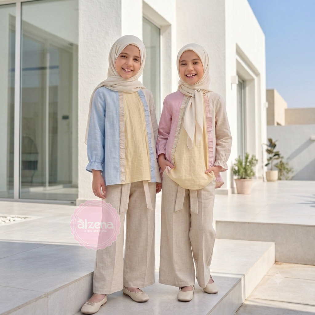 Alzena Kids Moslem - Setelan Muslim Anak Perempuan Premium Angel Linen Hillary