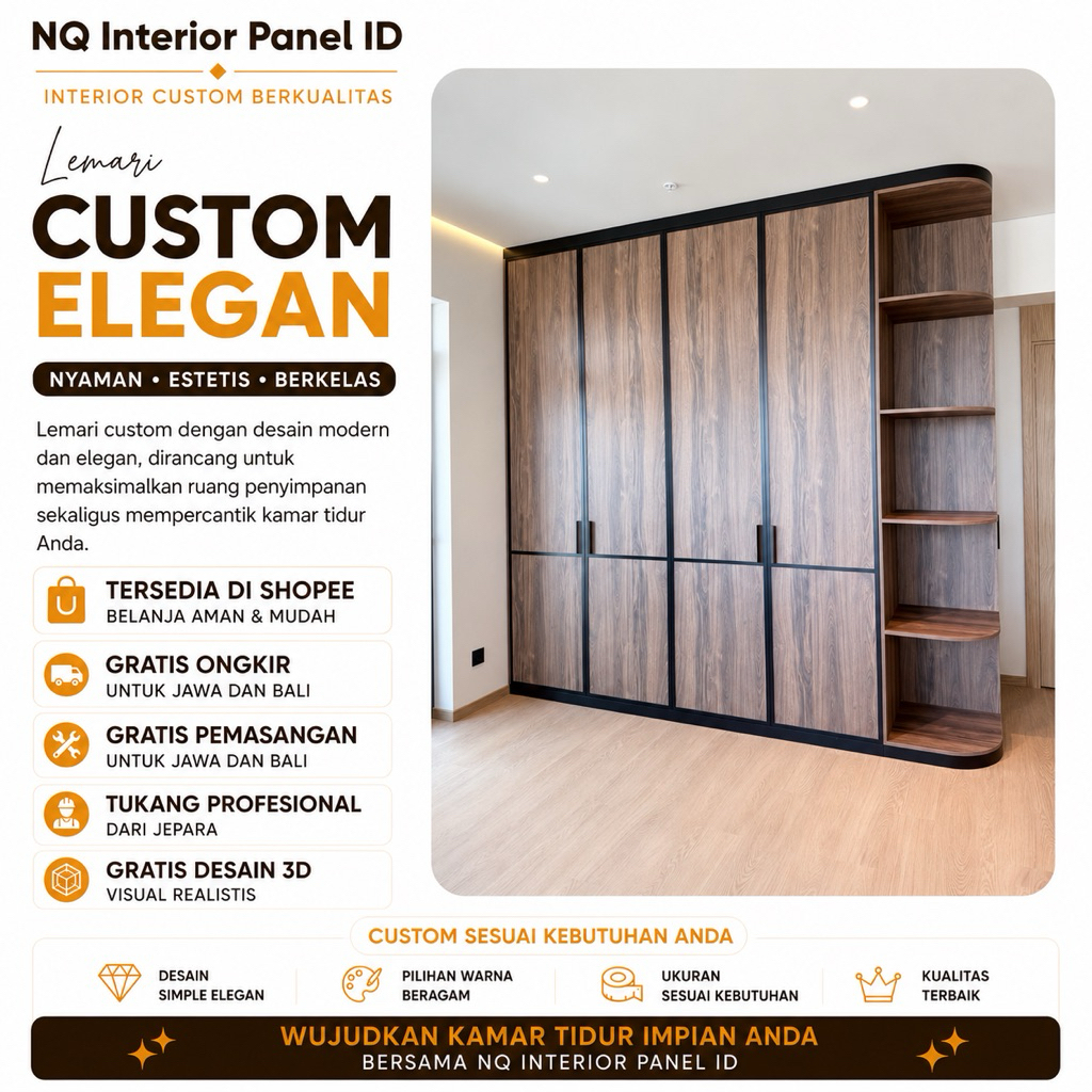 Lemari Pakaian Custom Motif Kayu | Wardrobe Minimalis Modern | Lemari Built In HPL Premium Jepara