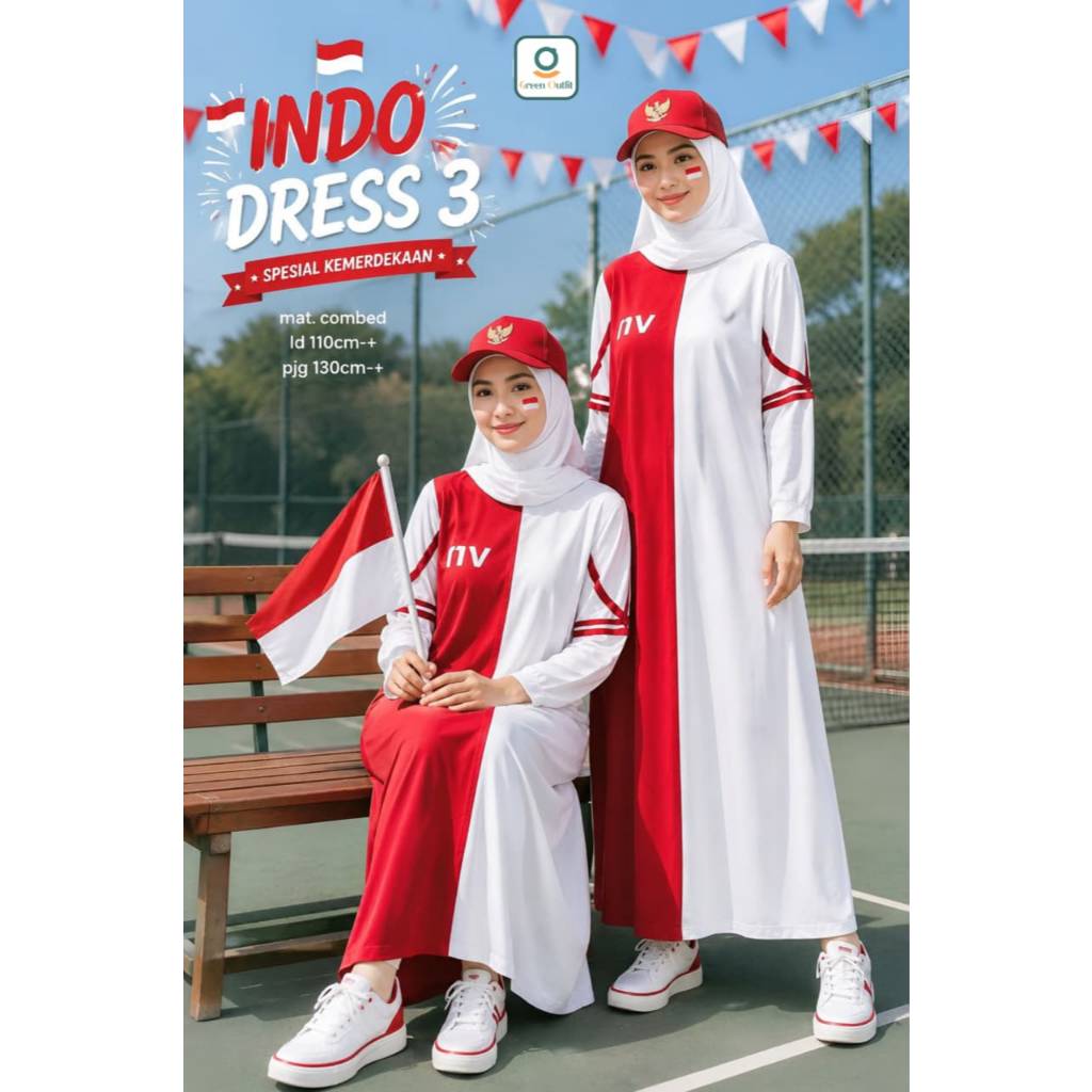 Gamis Olahraga 17 Agustus Indo Dress Merah Putih Kaos Combed Muslimah LD 110 Jumbo HUT RI 80
