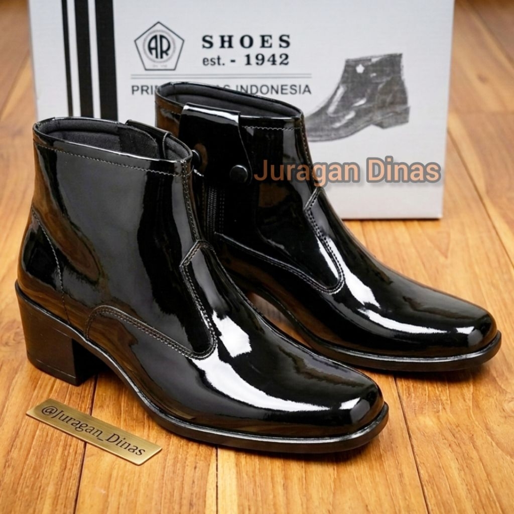 SEPATU PDH PDL WANITA ANKLE BOOTS POLWAN SECWAN HITAM GLOSY MERK AR EXCLUSIVE ASLI KULIT ORIGINAL