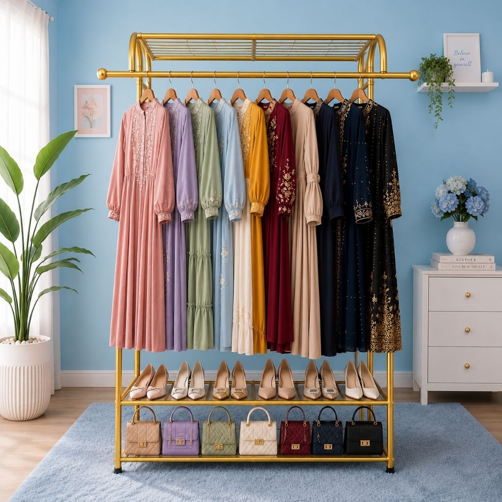 Rak Baju Besi Gold Premium 120×40×170 cm – Rak Hijab, Rak Display Butik, Rak Serbaguna Minimalis
