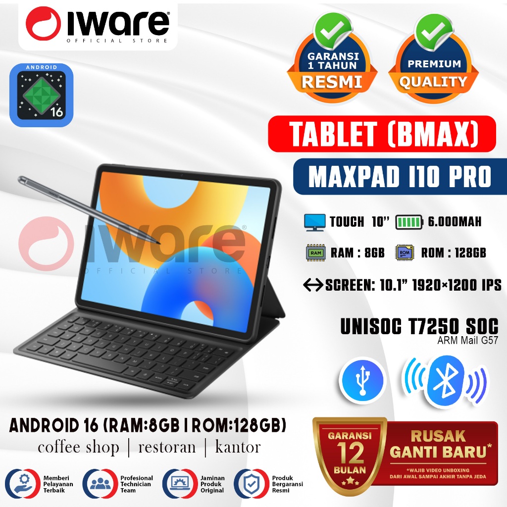 BMAX MAXPAD i10 Pro 4+20GB Virtual / 128GB 10.1 Inci Unisoc T7250 Tablet Android 16 With Keyboard